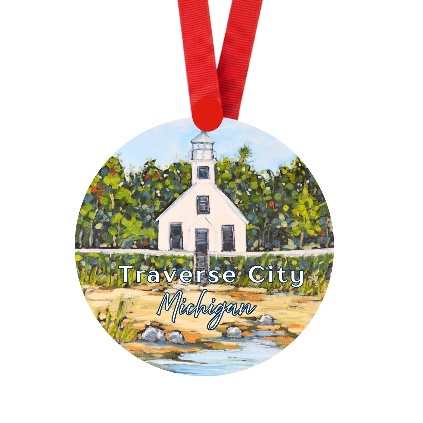 Traverse City Lighthouse Old Mission Point Ornament | 4" Round Michigan Christmas Ornament