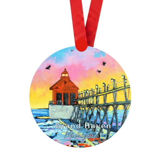 Grand Haven Lighthouse Ornament | 4" Round Michigan Christmas Ornament