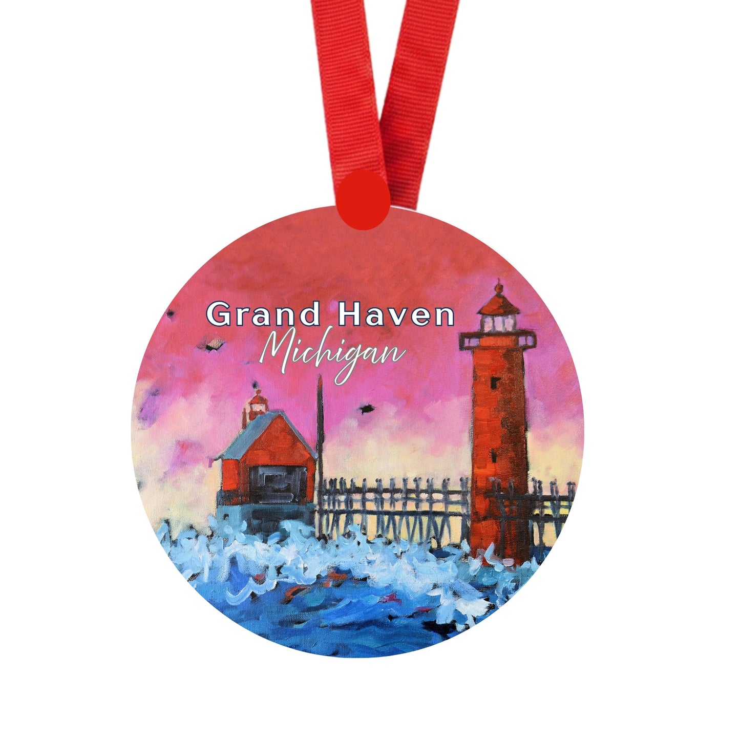 Grand Haven Lighthouse Pink Sky at Night Ornament | 4" Round Michigan Christmas Ornament