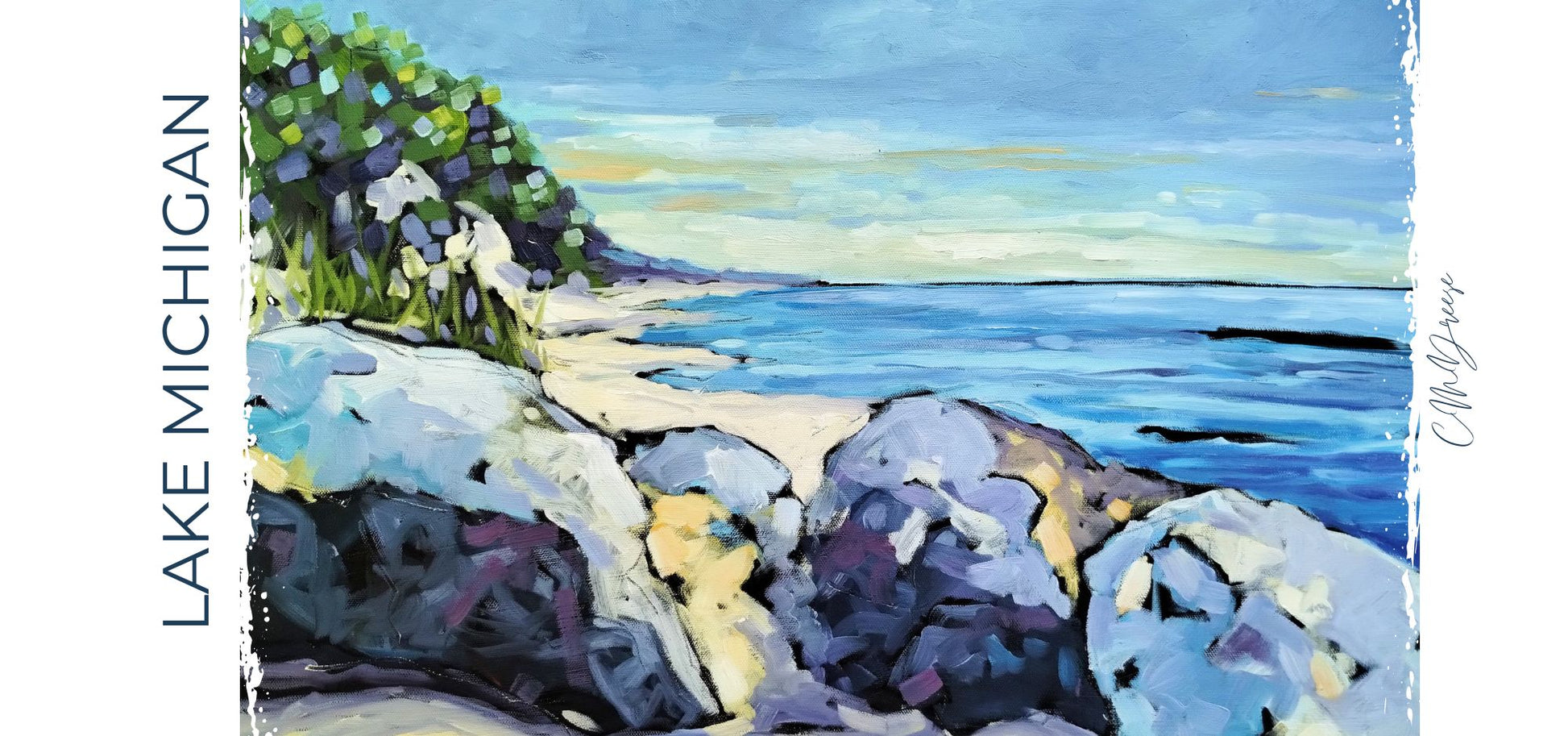 Artistic depiction of Lake Michigan with rocks and water.
