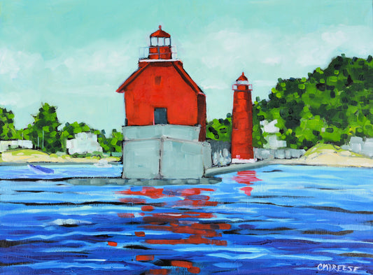 "Grand Haven Lighthouse Water View" Oil Painting on Canvas, Original Oil Painting, Wall Art Livingroom, Fine Art Painting Original, Lake Michigan Painting, Grand Haven Lighthouse Painting, Cottage Art, Lighthouse Painting on Canvas, Artist Christi Dreese