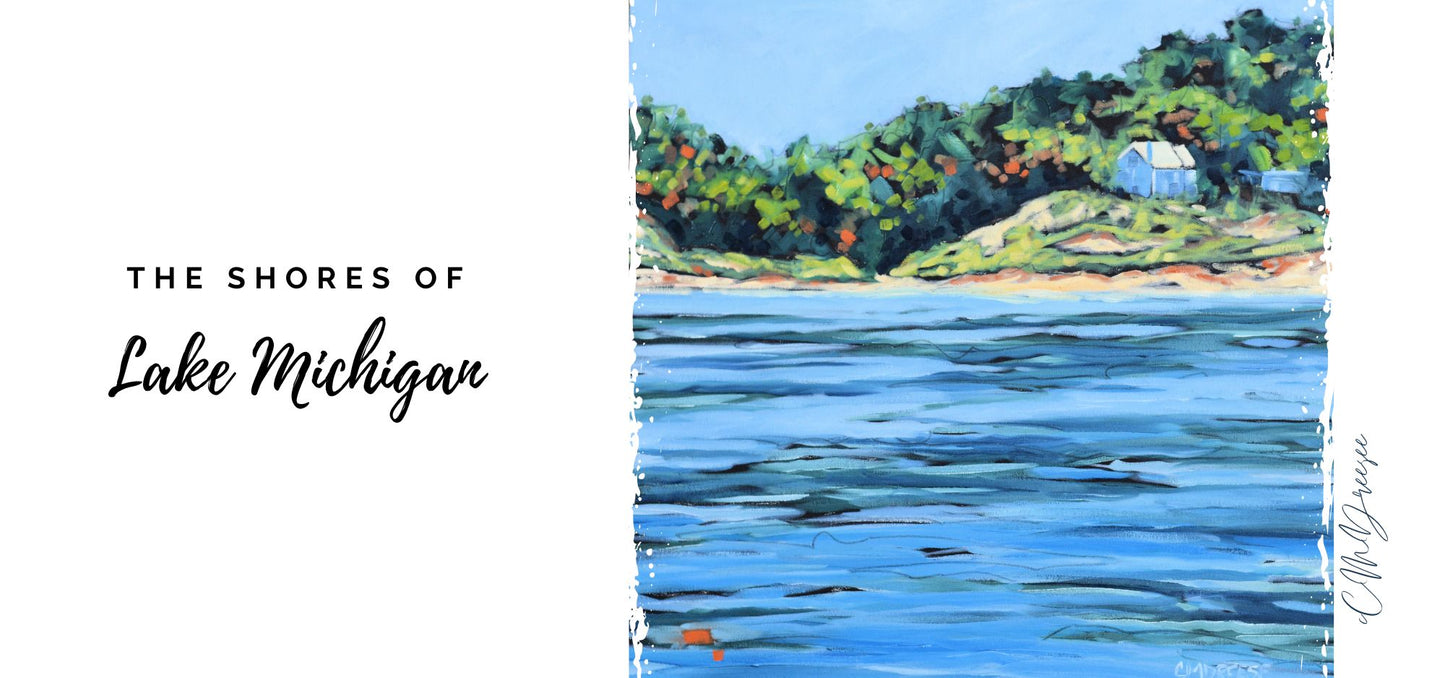 Painting of a lake scene with trees and a house on a hill, labeled 'The Shores of Lake Michigan'.  Coffee Mug