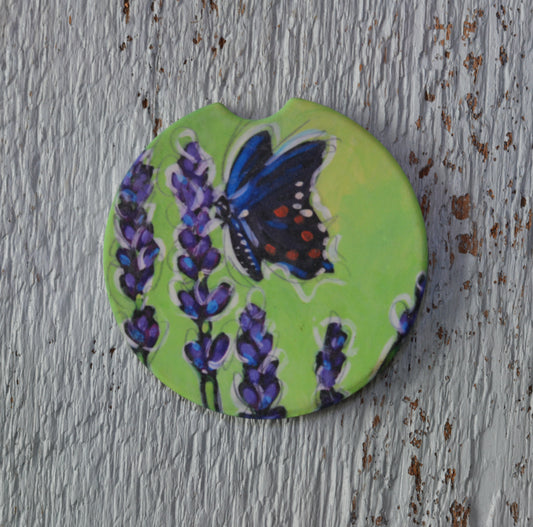 Car Coaster: Lavendar and Butterfly. Artist Christi Dreese