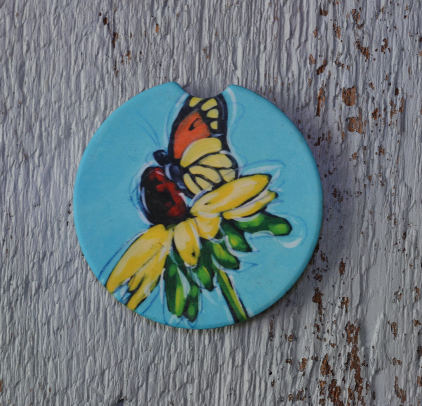 Car Coaster:. Black Eyed Susan and Butterfly. Artist Christi Dreese