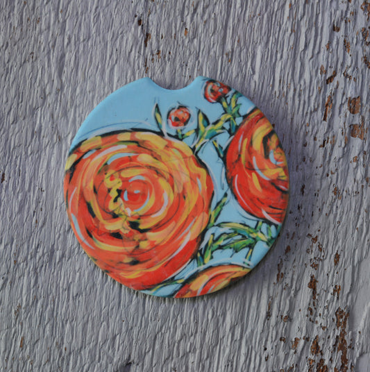 Car Coaster: Orange Ranunculus. Artist Christi Dreese